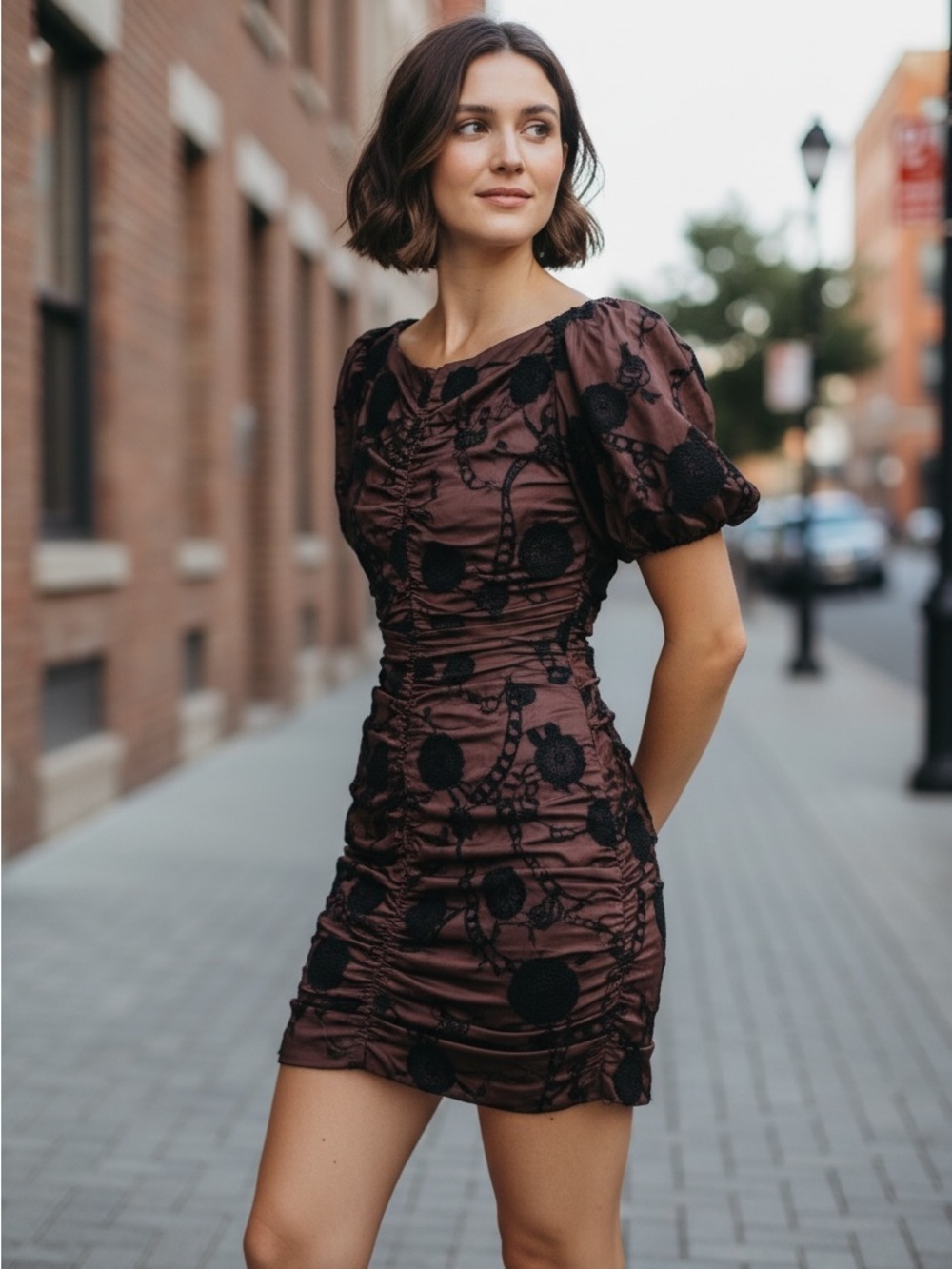 Free People Ramona Ribbon Mini Dress Bitter Brown Ruched Embroidered XL NWT